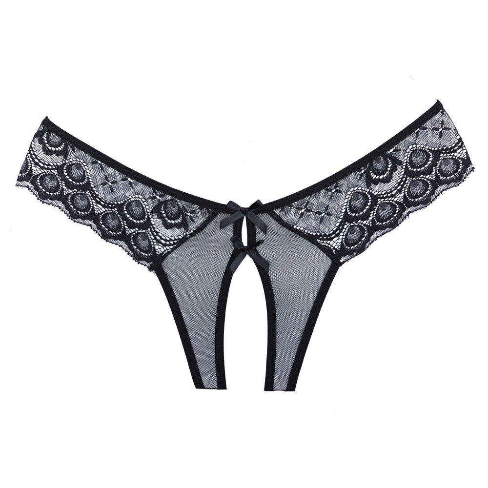 Adore Open Panty Lace And Mesh Front With Dual Bow Trim Lace Back With Dual Straps Black One Size | 883045916990 | Available at EroticWarehouse.com