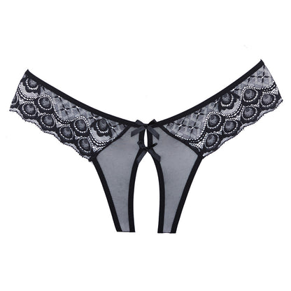 Adore Open Panty Lace And Mesh Front With Dual Bow Trim Lace Back With Dual Straps Black One Size | 883045916990 | Available at EroticWarehouse.com
