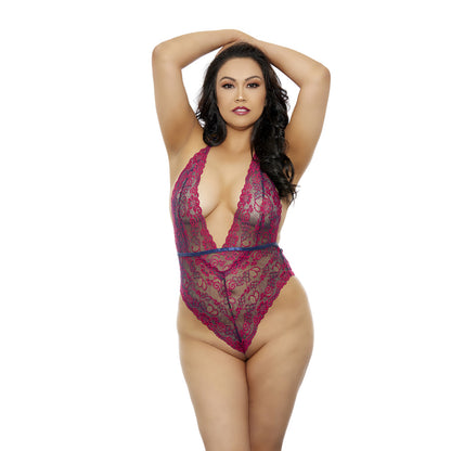 Two Tone Lacy Bodysuit Plus Size Fuchsia | 8932130103158 | Available at EroticWarehouse.com