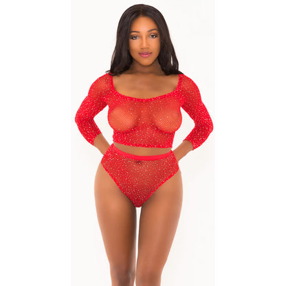 Rhinestone Crop Top With Matching Panty Red O/S | 8932134010070 | Available at EroticWarehouse.com