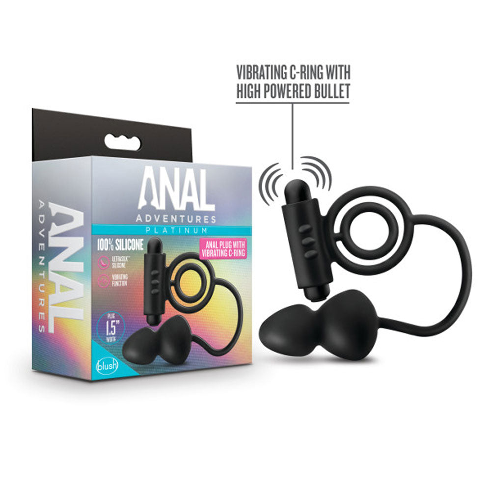 Anal Adventures - Platinum - Silicone Anal Plug With Vibrating C-Ring - Black | 819835026525 | Available at EroticWarehouse.com