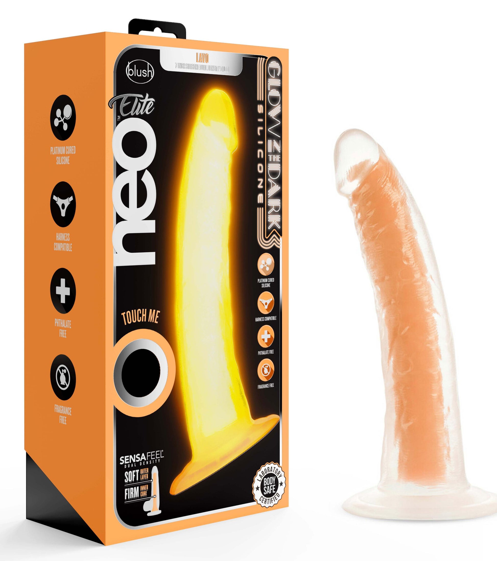 Neo Elite Glow in the Dark - Lavo - 7 Inch Silicone Dual Density Dildo - Neon Orange | 819835026044 | Available at EroticWarehouse.com