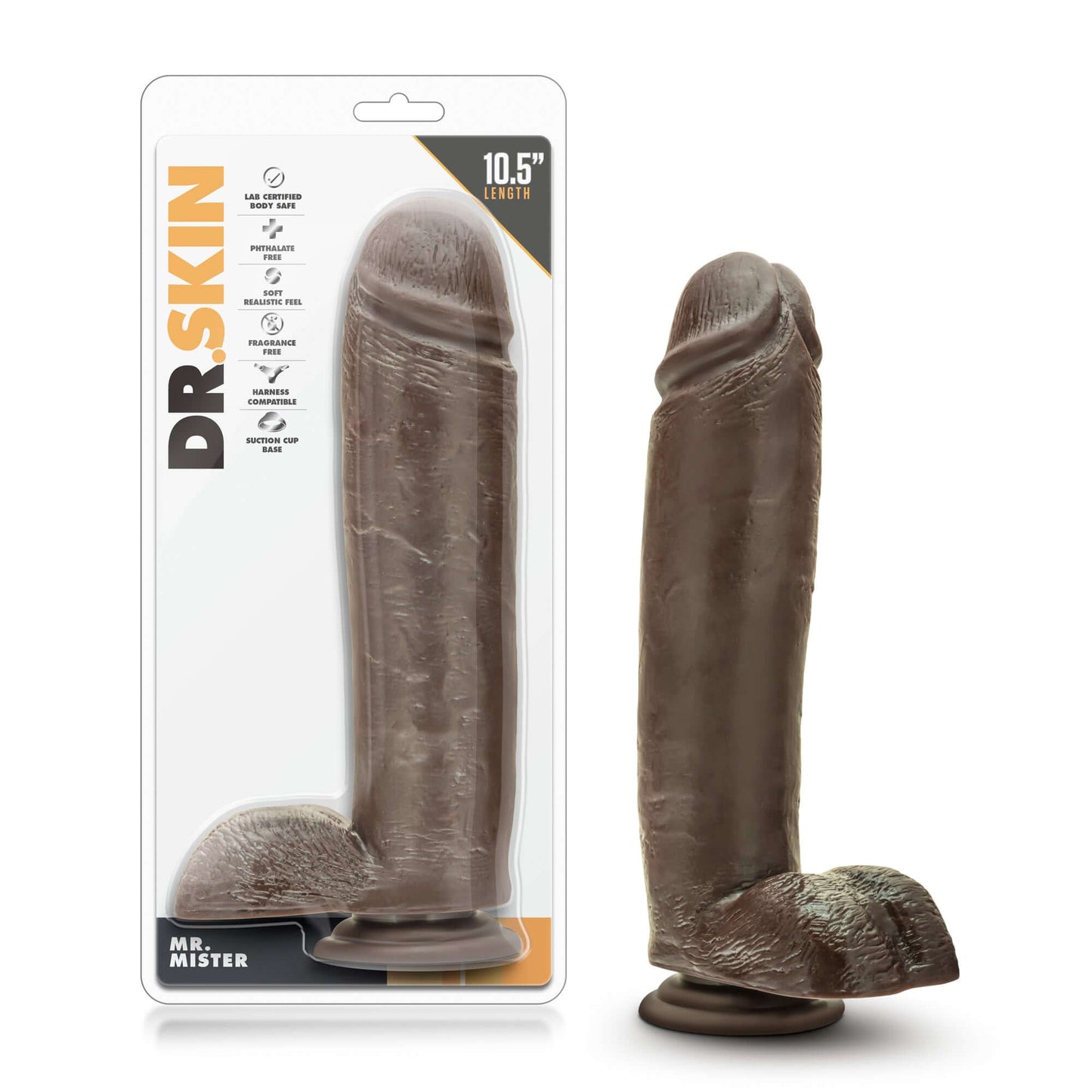 Dr. Skin - Mr. Mister 10.5 Inch Dildo With Suction Cup - Chocolate | 855215007128 | Available at EroticWarehouse.com
