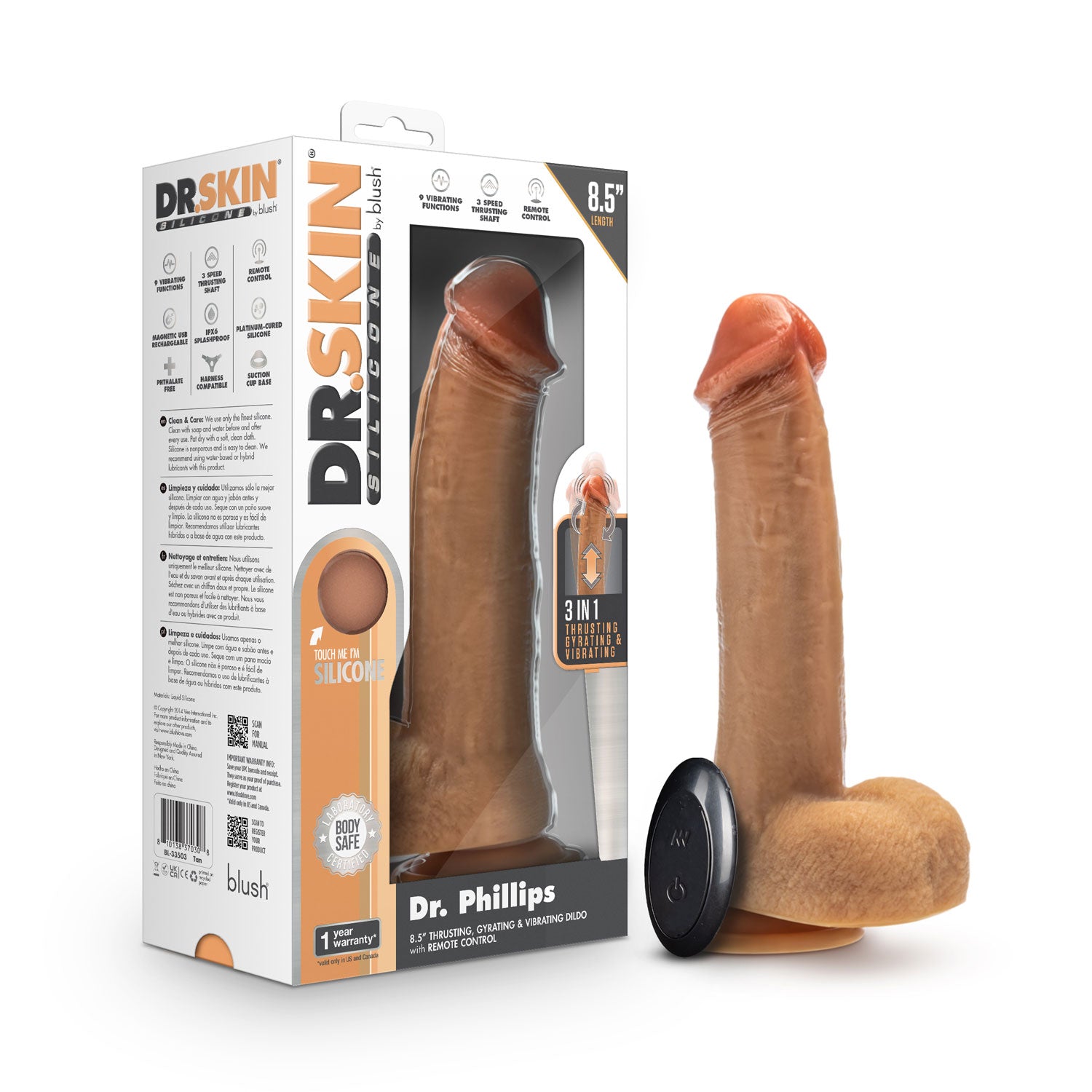 Dr. Skin Silicone - Dr. Phillips - 8.5 Inch Thrusting Dildo - Tan | 810138370308 | Available at EroticWarehouse.com