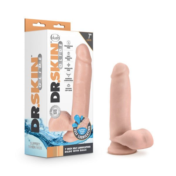 Dr. Skin Glide - 7 Inch Self Lubricating Dildo With Balls - Vanilla | 819835025849 | Available at EroticWarehouse.com