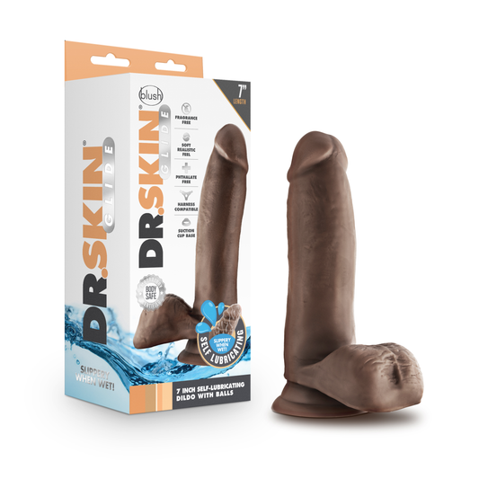 Dr. Skin Glide - 7 Inch Self Lubricating Dildo With Balls - Chocolate | 819835027928 | Available at EroticWarehouse.com