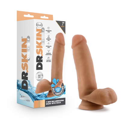 Dr. Skin Glide - 7 Inch Self Lubricating Dildo With Balls - Mocha | 819835027935 | Available at EroticWarehouse.com