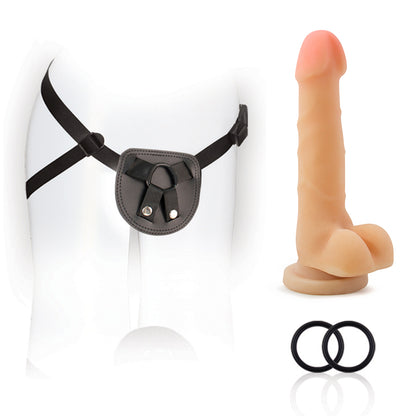 For You Harness Kit With 7 Inch Cock (Beige) Black Harness | 735380802158 | Available at EroticWarehouse.com