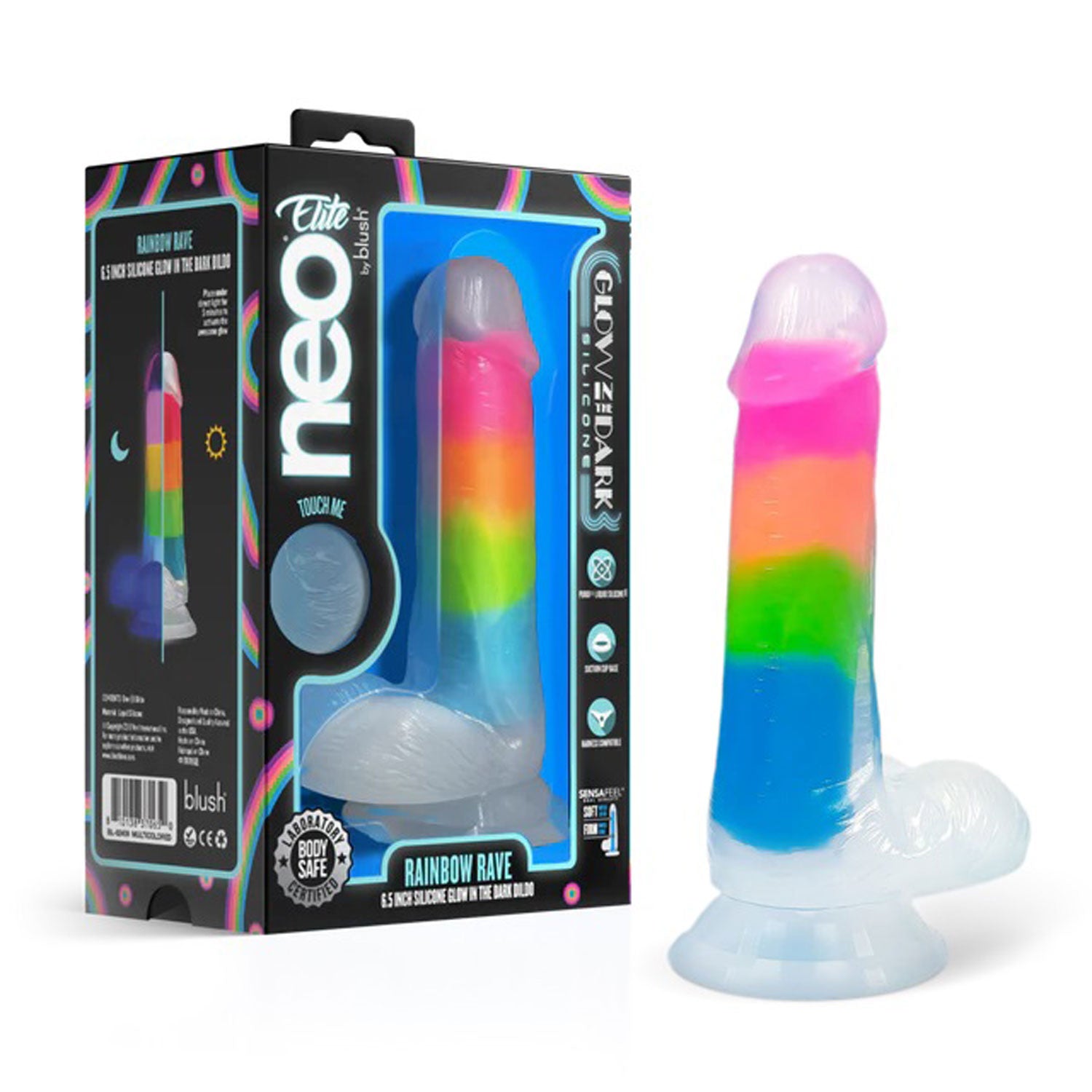 Neo Elite Glow in the Dark Rainbow Rave 6.5" Silicone Dual Density Dildo Multicolored | 810138370650 | Available at EroticWarehouse.com