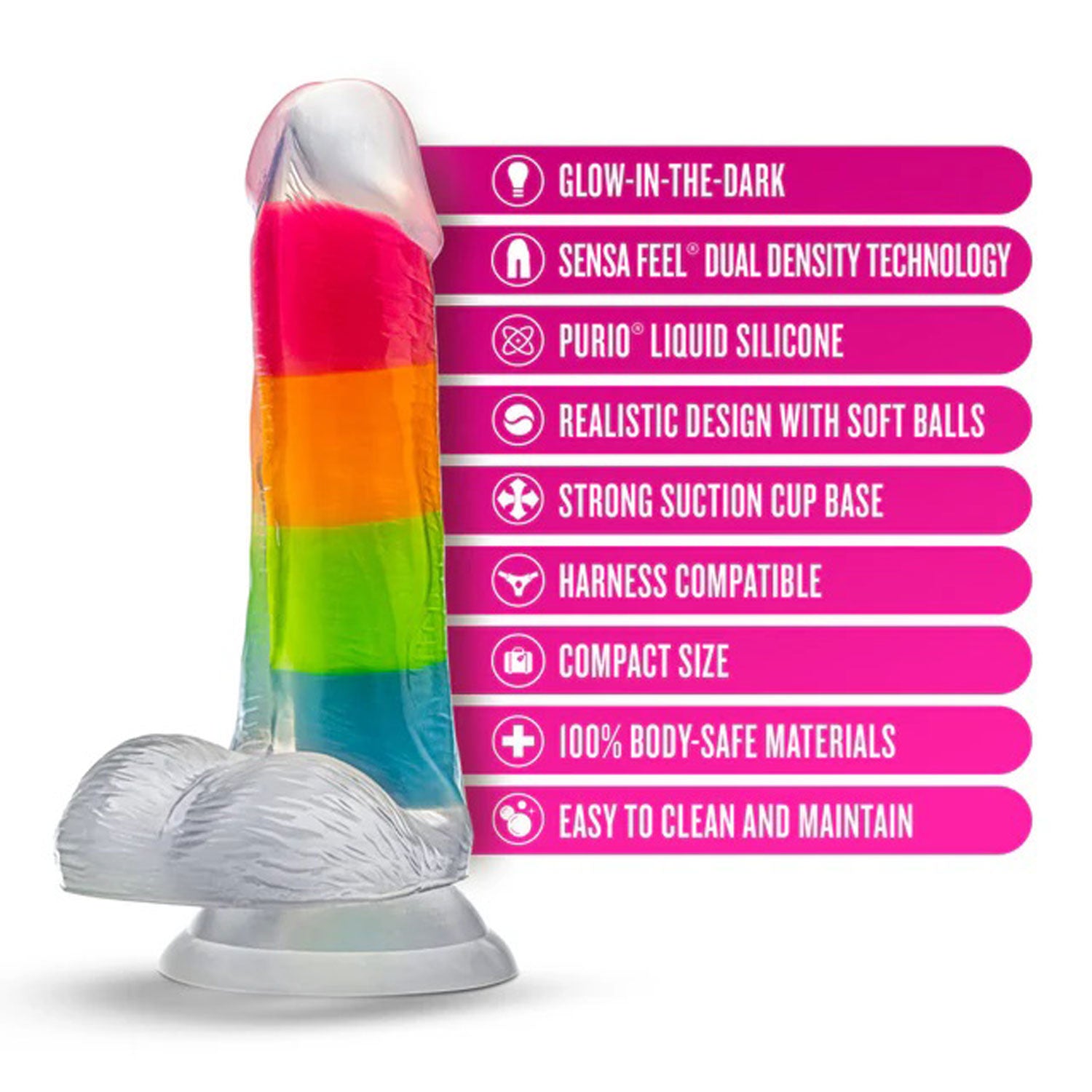 Neo Elite Glow in the Dark Rainbow Rave 6.5" Silicone Dual Density Dildo Multicolored | 810138370650 | Available at EroticWarehouse.com