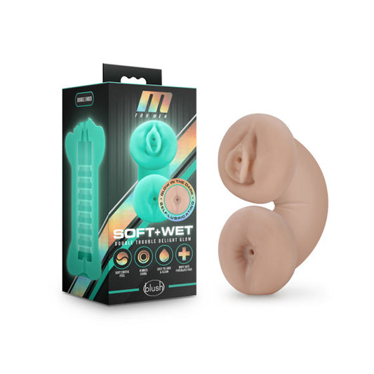 M for Men - Soft and Wet - Double Trouble Glow in the Dark Pussy & Ass Stroker - Vanilla | 819835026532 | Available at EroticWarehouse.com