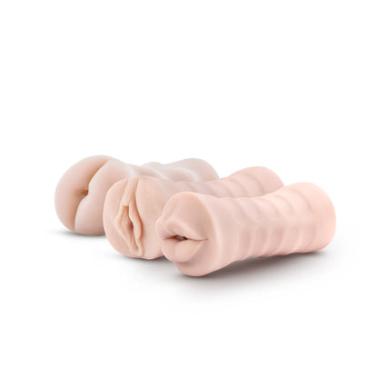 M for Men - 3-Pack Self-Lubricating Vibrating Pussy Ass & Mouth Stroker Sleeve Kit - Vanilla | 819835025429 | Available at EroticWarehouse.com