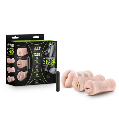 M for Men - 3-Pack Self-Lubricating Vibrating Pussy Ass & Mouth Stroker Sleeve Kit - Vanilla | 819835025429 | Available at EroticWarehouse.com