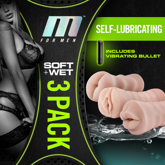 M for Men - 3-Pack Self-Lubricating Vibrating Pussy Ass & Mouth Stroker Sleeve Kit - Vanilla | 819835025429 | Available at EroticWarehouse.com