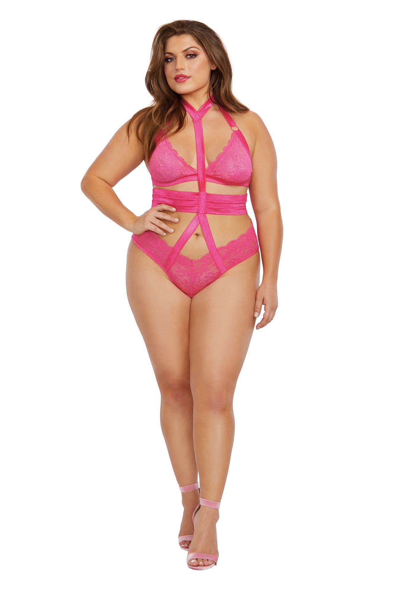 Bralette and Harness Panty - Queen Size - Fuchsia | 888368312726 | Available at EroticWarehouse.com