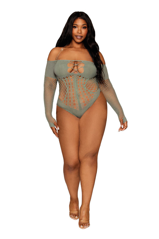 Long Sleeve Teddy - Queen Size - Sage | 888368346820 | Available at EroticWarehouse.com