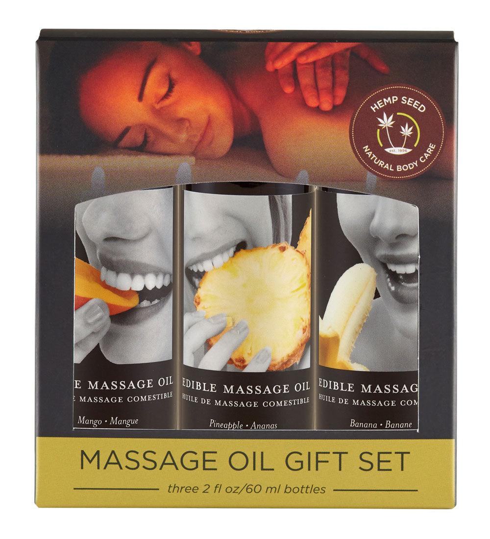 Edible Massage Oil Gift Set Box - 2 Fl. Oz. Bottles - Banana, Mango, Pineapple | 814487024998 | Available at EroticWarehouse.com