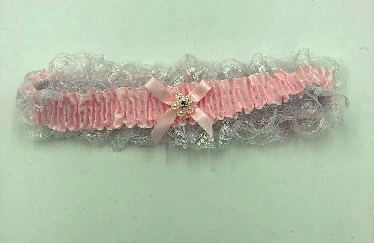 Satin Leg Garter - One Size - Baby Pink With White Lace | | Available at EroticWarehouse.com
