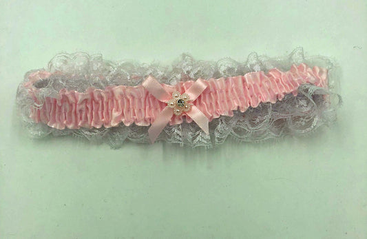 Satin Leg Garter - One Size - Baby Pink With White Lace | | Available at EroticWarehouse.com