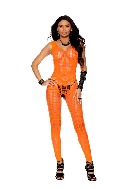 Crochet Footless Bodystocking With Open Crotch - One Size - Orange | 840295151908 | Available at EroticWarehouse.com