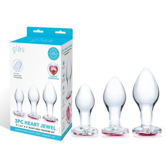 3 Pc Heart Jewel Glass Anal Training Kit - Clear/pink | 4890808265062 | Available at EroticWarehouse.com