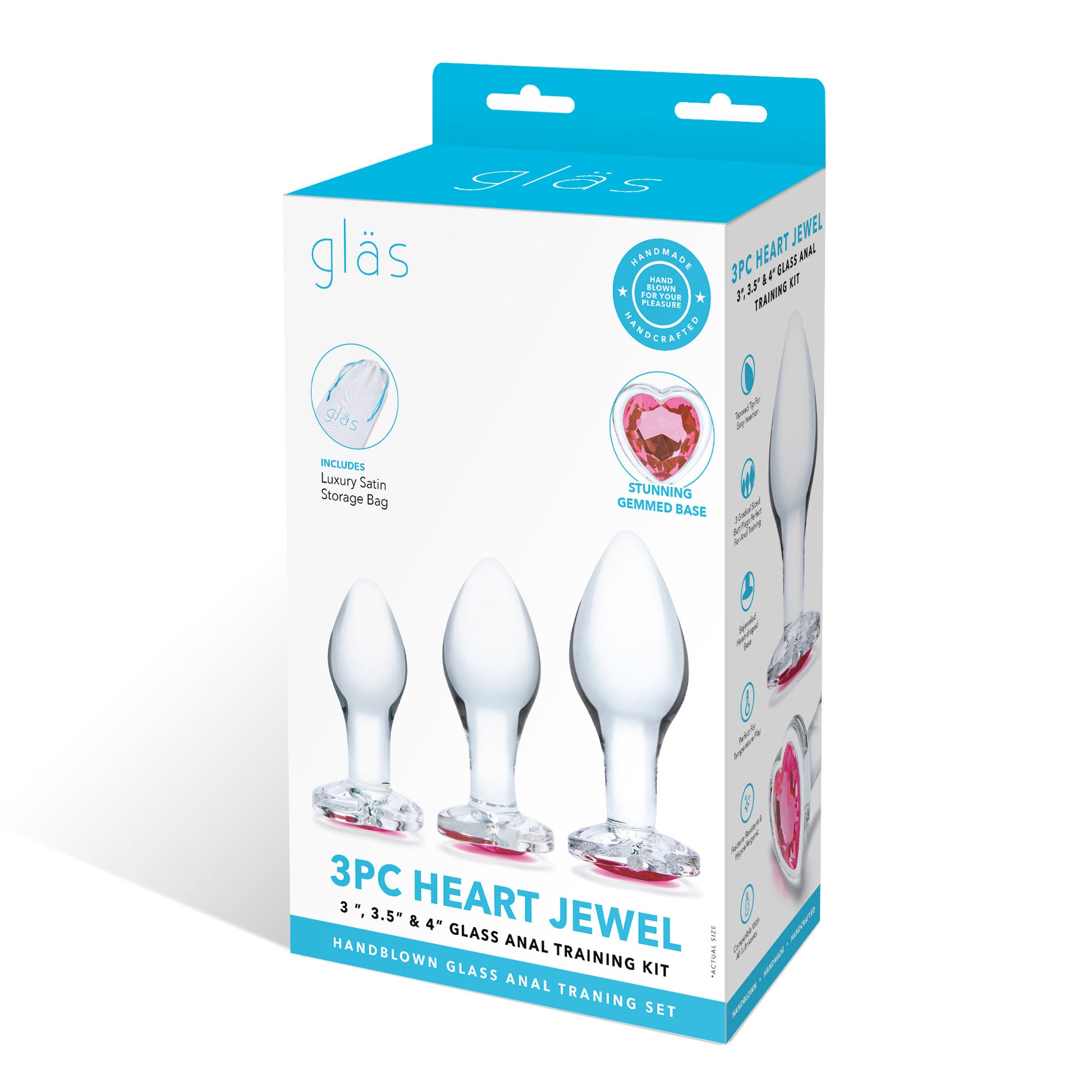 3 Pc Heart Jewel Glass Anal Training Kit - Clear/pink | 4890808265062 | Available at EroticWarehouse.com