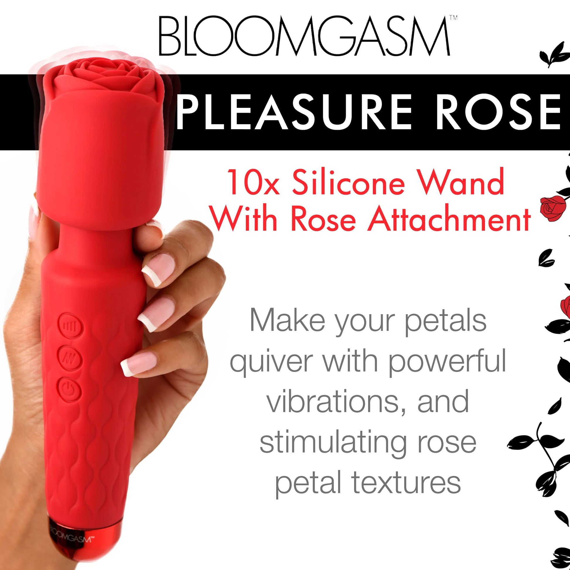 Pleasure Rose 10x Silicone Wand With Rose Attachment - Red | 848518053695 | Available at EroticWarehouse.com