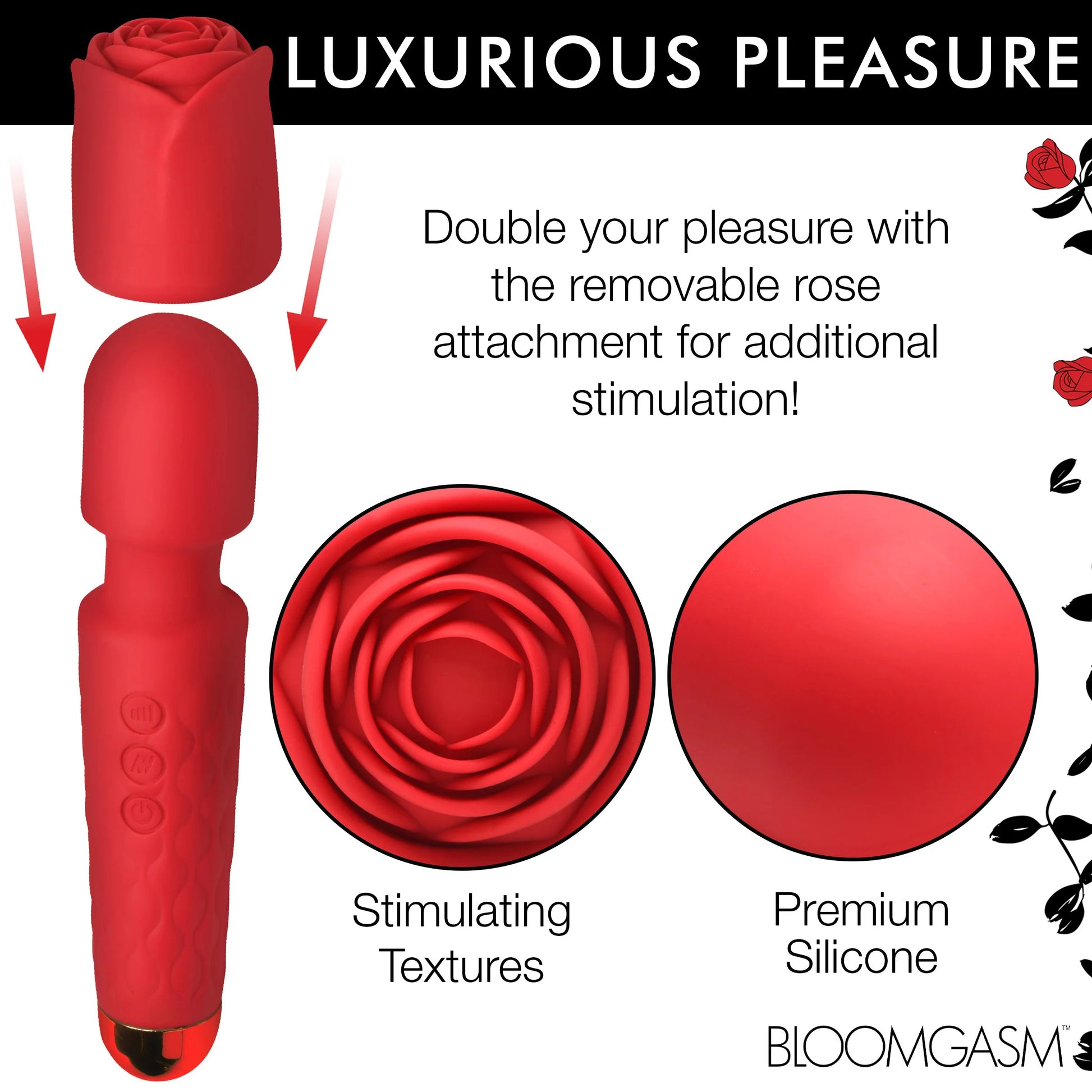 Pleasure Rose 10x Silicone Wand With Rose Attachment - Red | 848518053695 | Available at EroticWarehouse.com