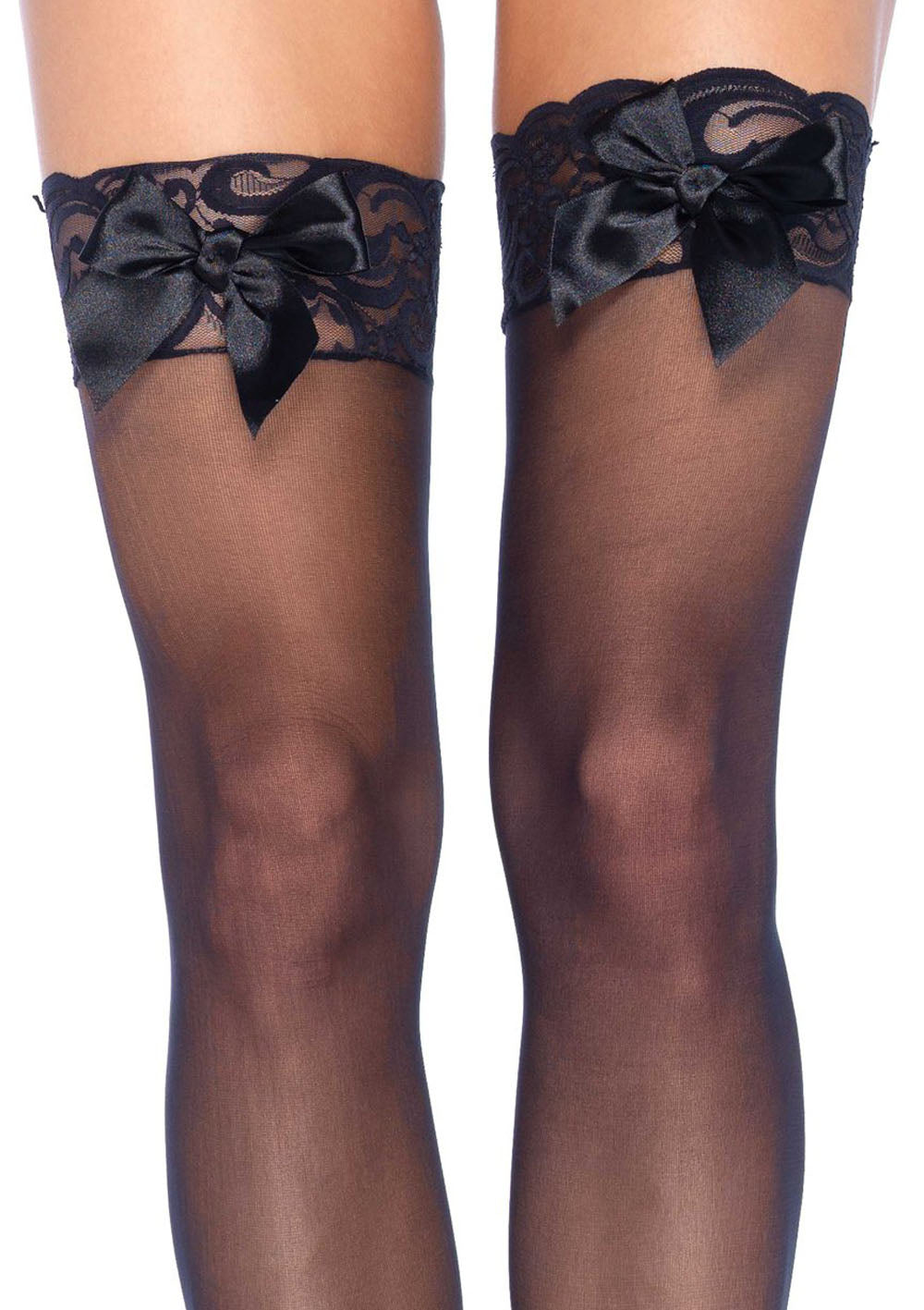 Sheer Lace Top Thigh Highs With Satin Bow Accent - One Size - Black | 714718003351 | Available at EroticWarehouse.com