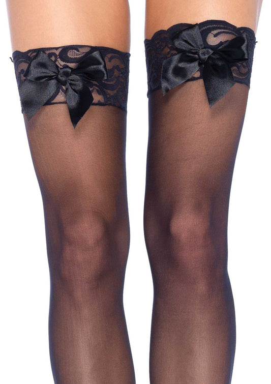 Sheer Lace Top Thigh Highs With Satin Bow Accent - One Size - Black | 714718003351 | Available at EroticWarehouse.com