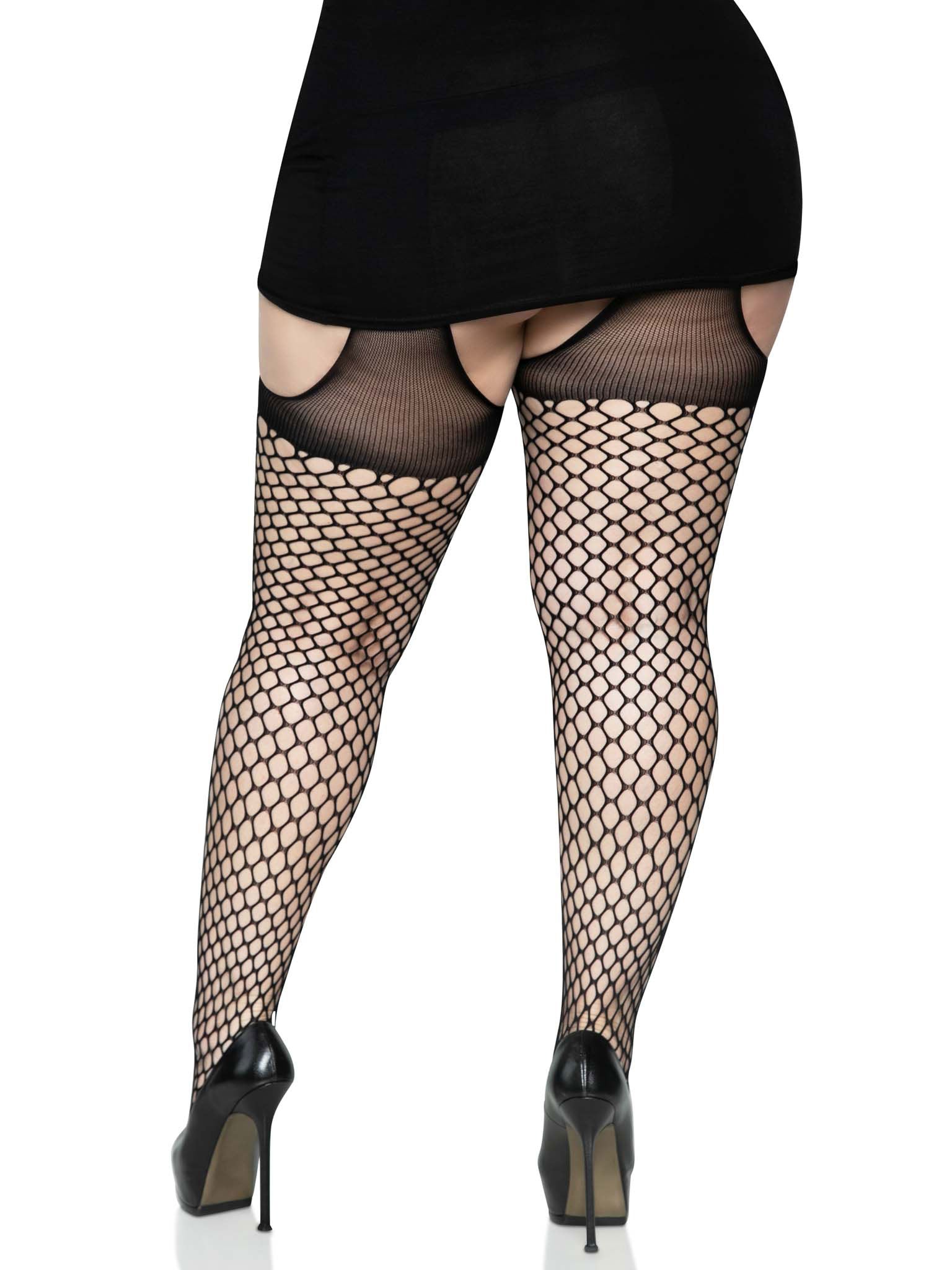 Oval Net Suspender Hose With Opaque Top - 1x/2x Size - Black | 714718566009 | Available at EroticWarehouse.com