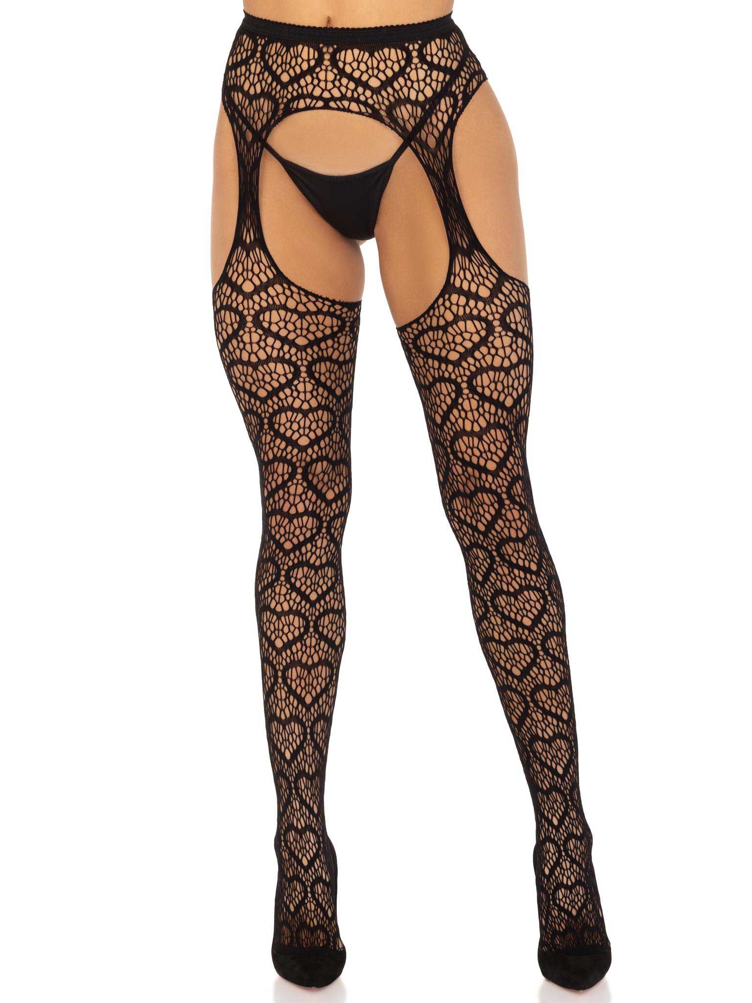 Heart Net Suspender Pantyhose - One Size - Black | 714718569840 | Available at EroticWarehouse.com