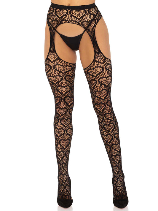 Heart Net Suspender Pantyhose - One Size - Black | 714718569840 | Available at EroticWarehouse.com