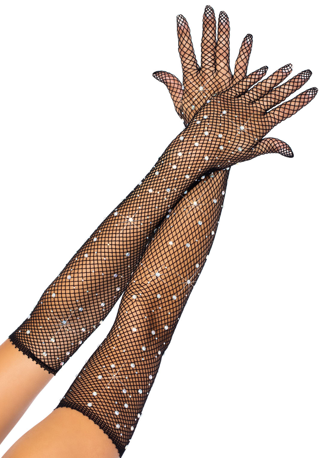 Rhinestone Fishnet Long Gloves - Black | 714718548555 | Available at EroticWarehouse.com
