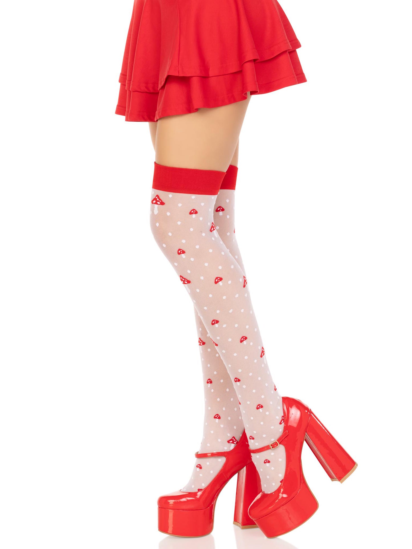 Polka Dot Mushroom Thigh High - One Size - White/red | 714718570181 | Available at EroticWarehouse.com