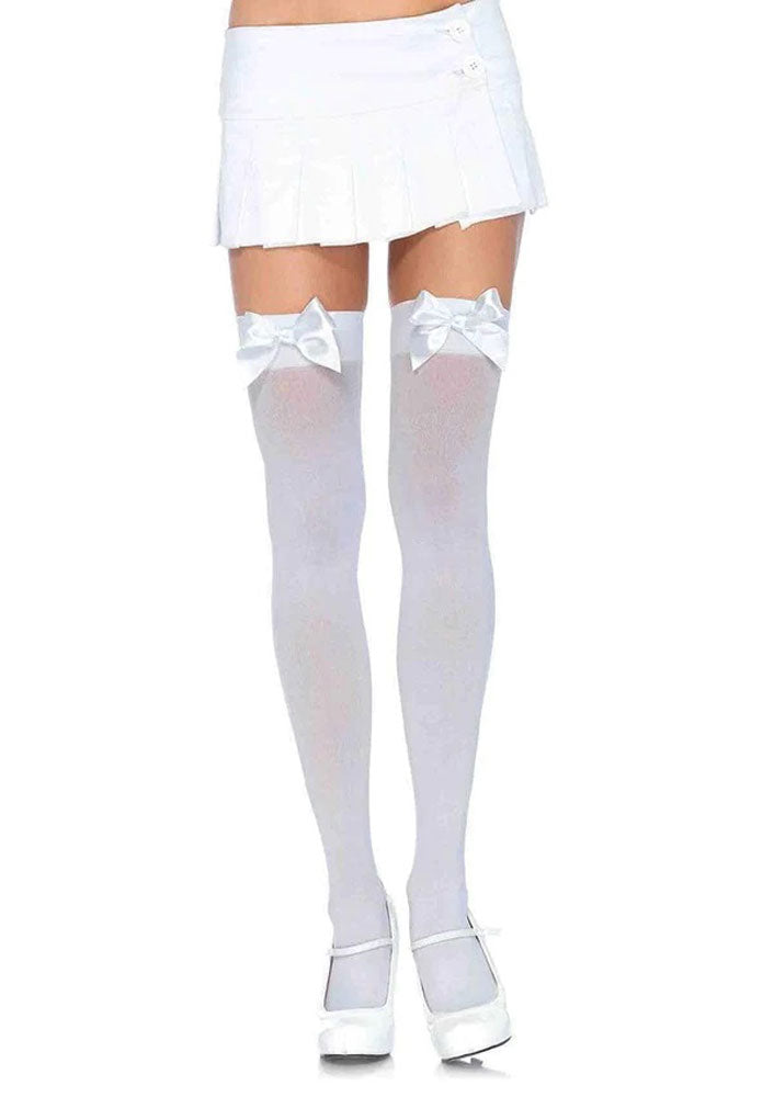 Opaque Thigh Highs With Satin Bow Accent - One Size - White | 714718006031 | Available at EroticWarehouse.com