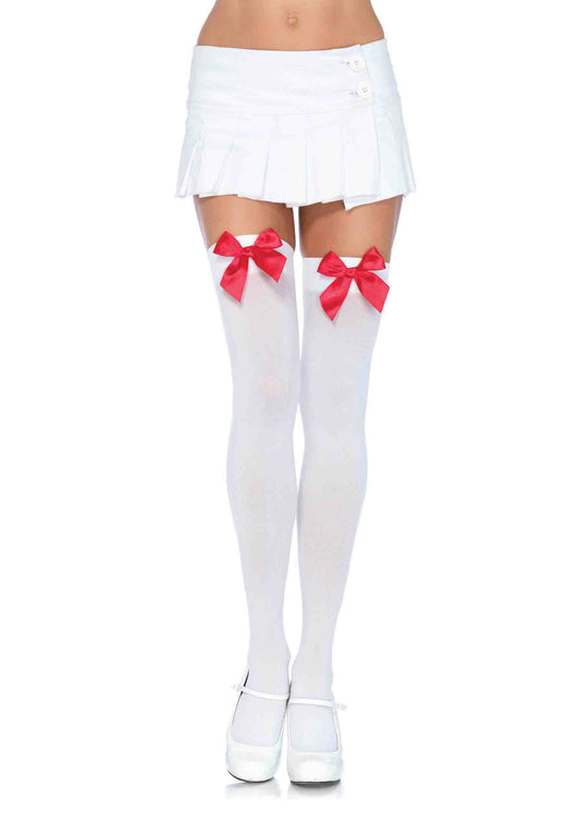 Nylon Over the Knee Socks - White With Red Bow | 714718074795 | Available at EroticWarehouse.com