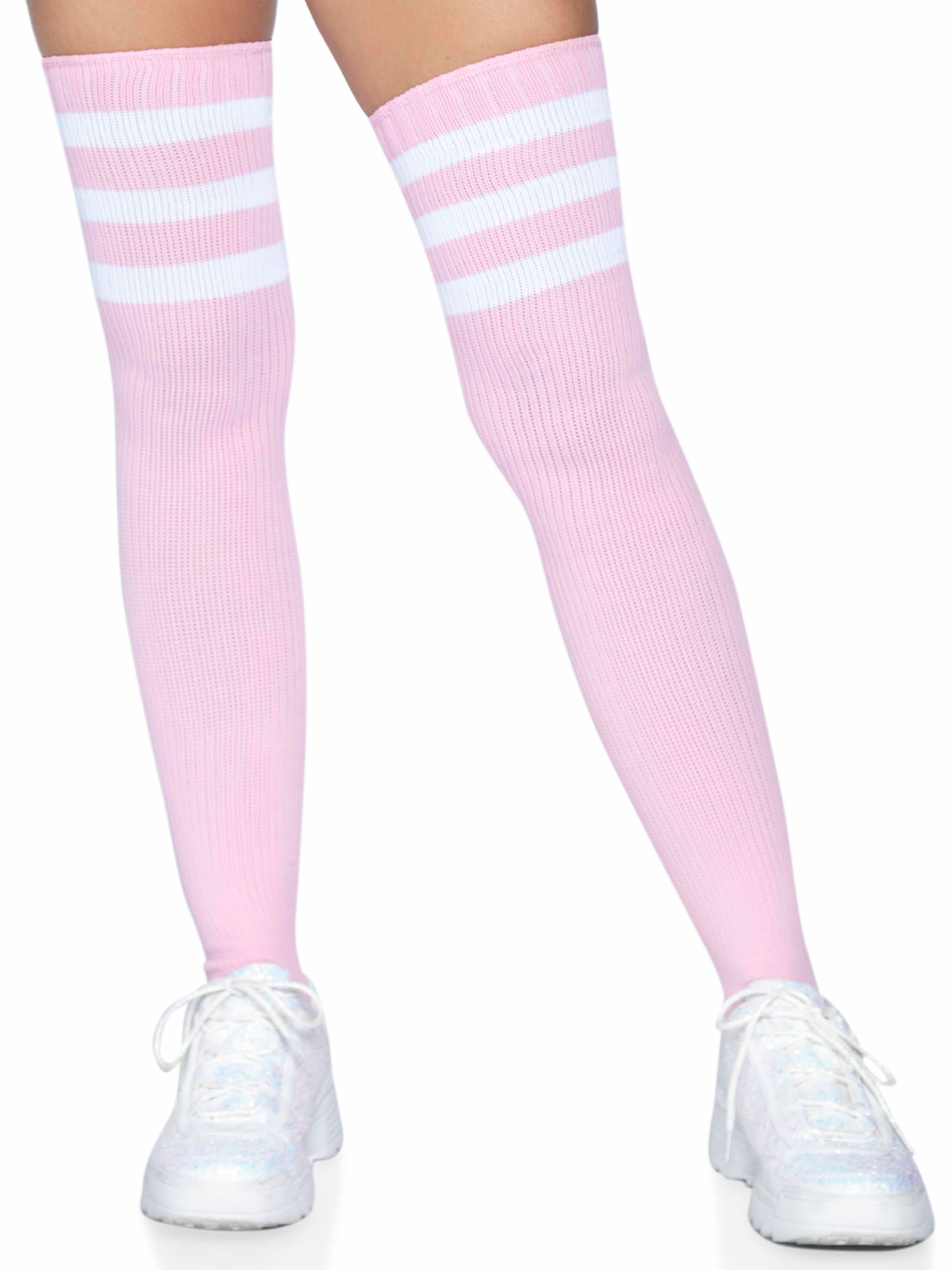 3 Stripes Athletic Ribbed Thigh Highs - One Size - Light Pink | 714718390598 | Available at EroticWarehouse.com