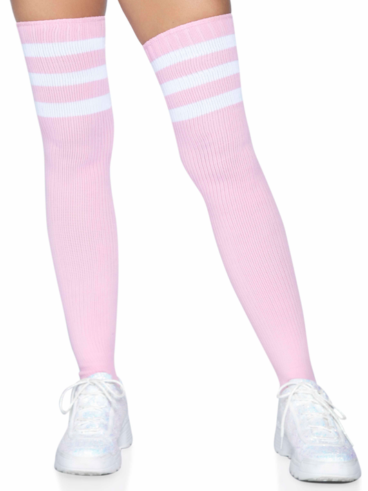 3 Stripes Athletic Ribbed Thigh Highs - One Size - Light Pink | 714718390598 | Available at EroticWarehouse.com