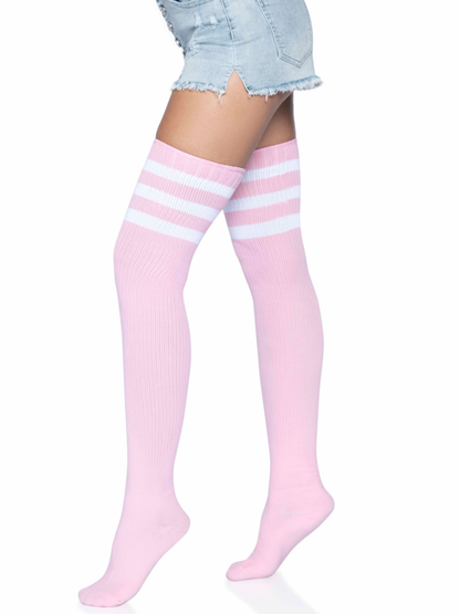 3 Stripes Athletic Ribbed Thigh Highs - One Size - Light Pink | 714718390598 | Available at EroticWarehouse.com