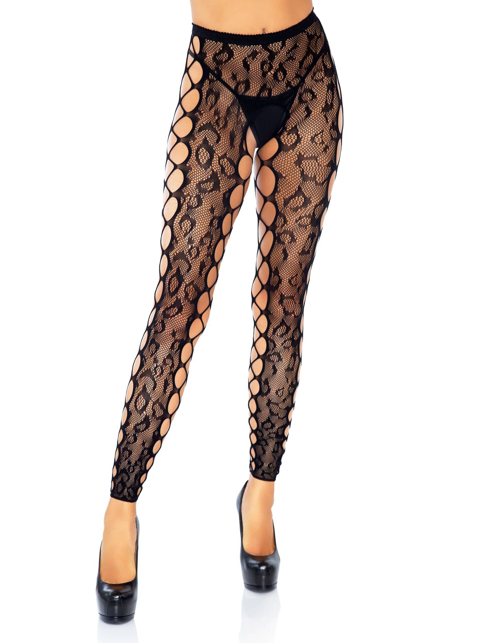Footless Leopard Lace Crotchless Tights - Black | 714718555874 | Available at EroticWarehouse.com