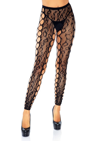 Footless Leopard Lace Crotchless Tights - Black | 714718555874 | Available at EroticWarehouse.com