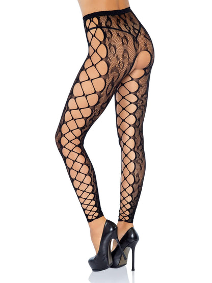 Footless Leopard Lace Crotchless Tights - Black | 714718555874 | Available at EroticWarehouse.com
