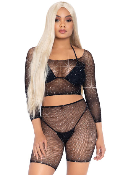 2 Pc Rhinestone Fishnet Crop Top and Biker Shorts - Black - One Size | 714718548807 | Available at EroticWarehouse.com