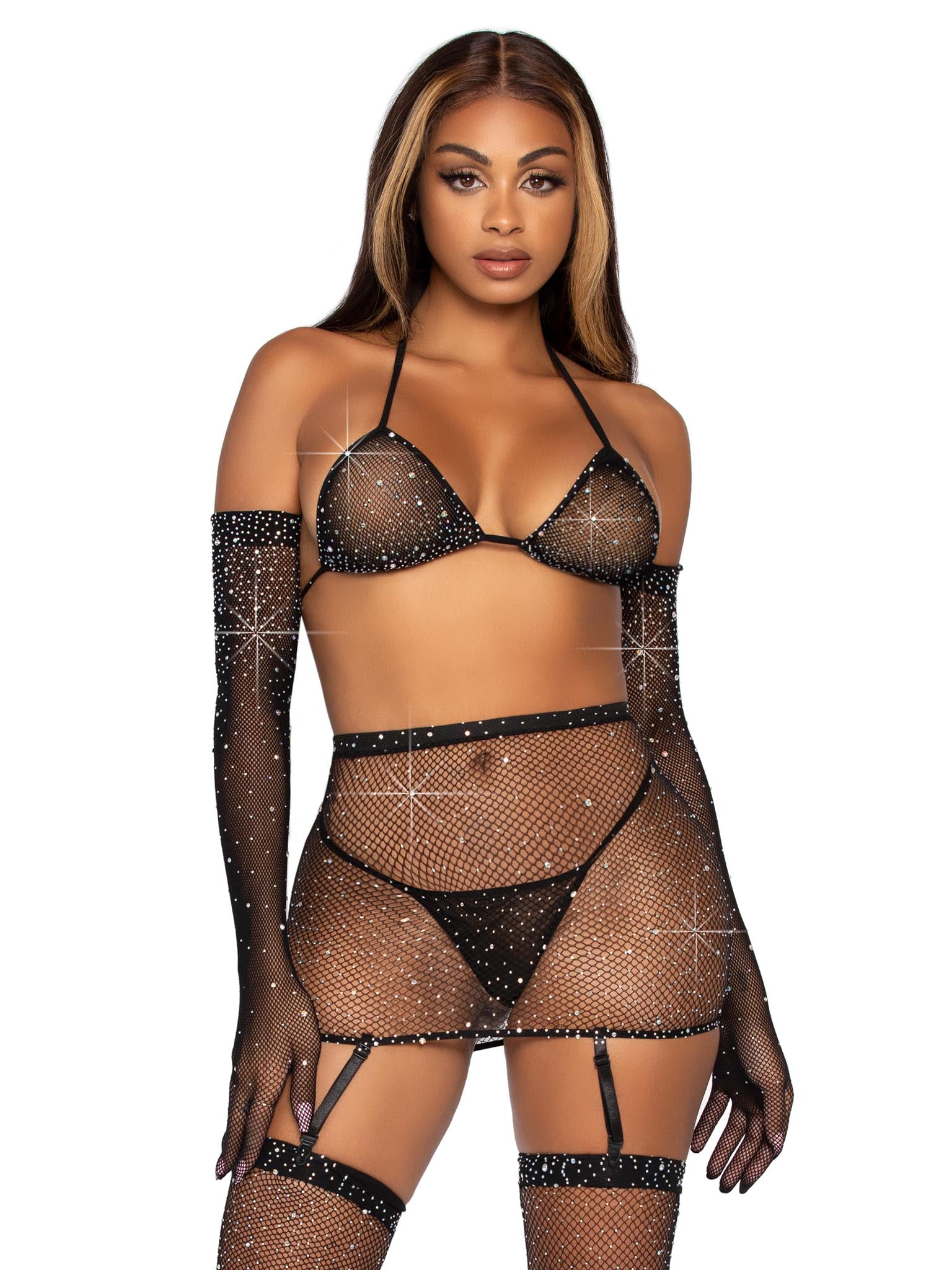 5 Pc Rhinestone Bikini Top G-String Garter Skirt, Gloves and Stockings - One Size - Black | 714718554594 | Available at EroticWarehouse.com