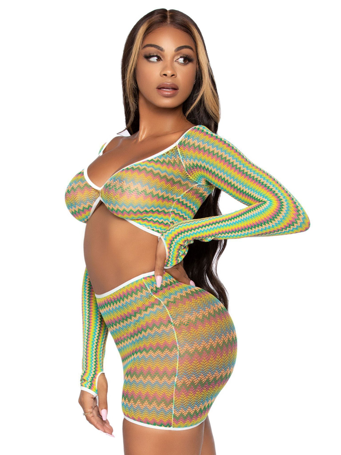 2 Pc Zig Zag Net Crop Top and Mini Dress - One Size - Green | 714718555232 | Available at EroticWarehouse.com