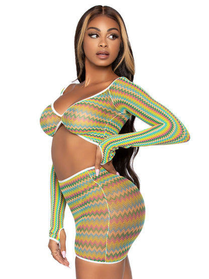 2 Pc Zig Zag Net Crop Top and Mini Dress - One Size - Green | 714718555232 | Available at EroticWarehouse.com