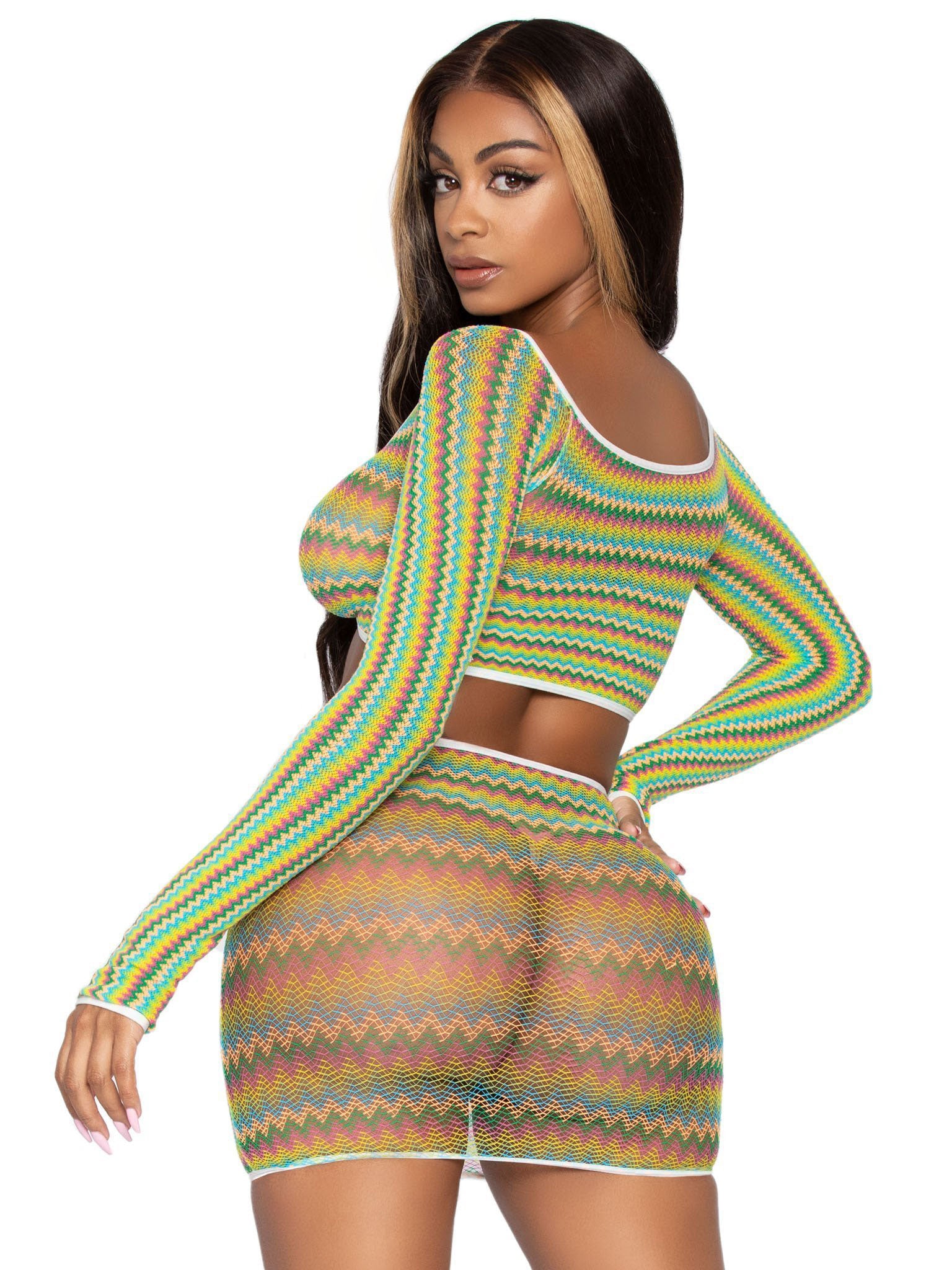 2 Pc Zig Zag Net Crop Top and Mini Dress - One Size - Green | 714718555232 | Available at EroticWarehouse.com