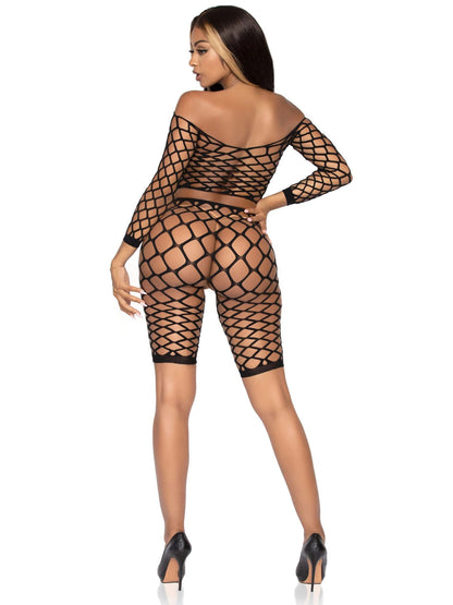 2 Pc Net Crop Top and Bike Shorts - One Size - Black | 714718555294 | Available at EroticWarehouse.com