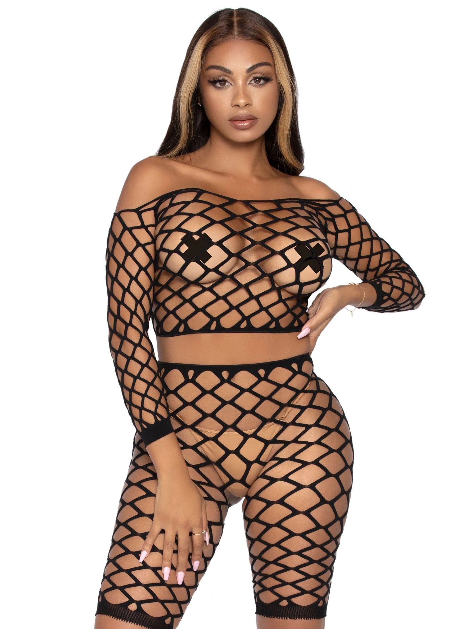 2 Pc Net Crop Top and Bike Shorts - One Size - Black | 714718555294 | Available at EroticWarehouse.com